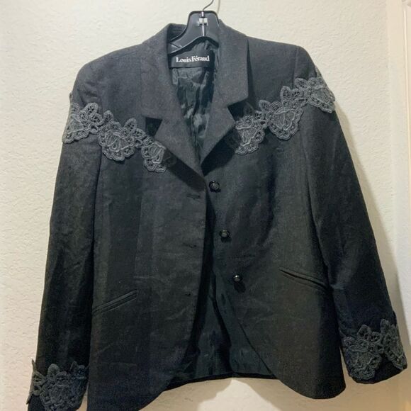 Louis Feraud dark grey wool blazer lace detail jacket fully lined 2 pocket sz 10 - Picture 2 of 8